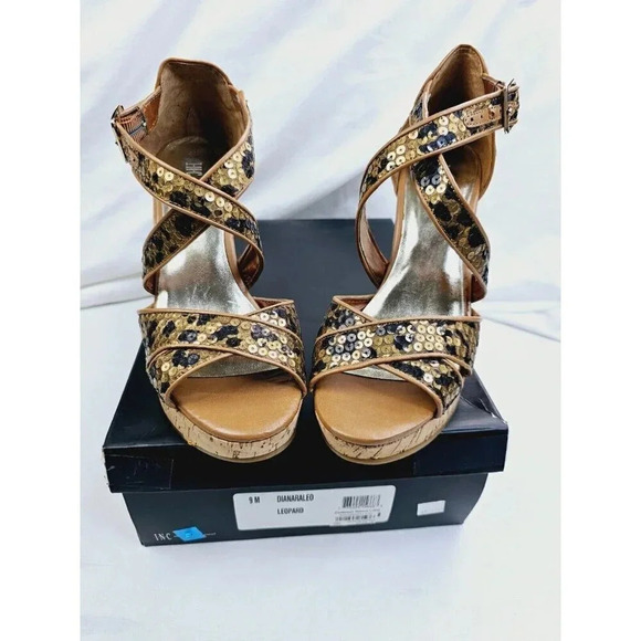 INC Size 9M Women Leopard Sequin "Dianara" Cork Wedge Cross Strap Peep Toe Heels - Picture 1 of 14
